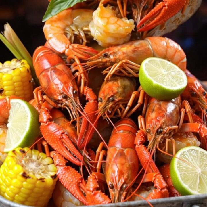 A vibrant Houston-style Viet-Cajun crawfish and shrimp boil served on a galvanized tray with lime.