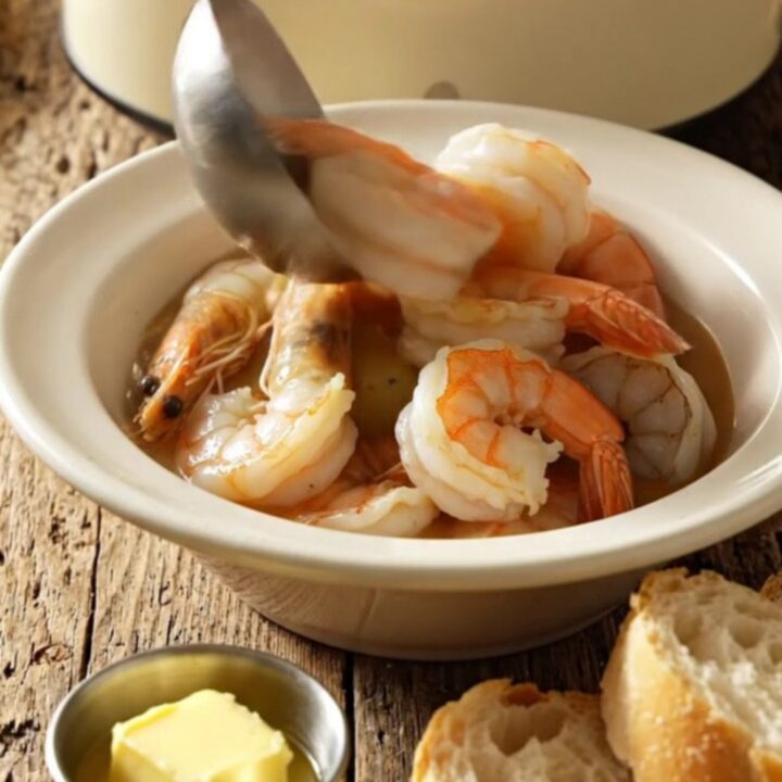 A steaming bowl of Lowcountry Frogmore stew featuring jumbo shrimp, kielbasa, and corn, served in a rustic kitchen setting.