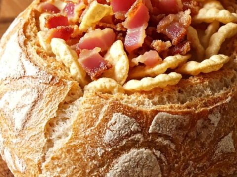 A steaming bowl of creamy New England clam chowder served inside a hollowed-out sourdough bread bowl.