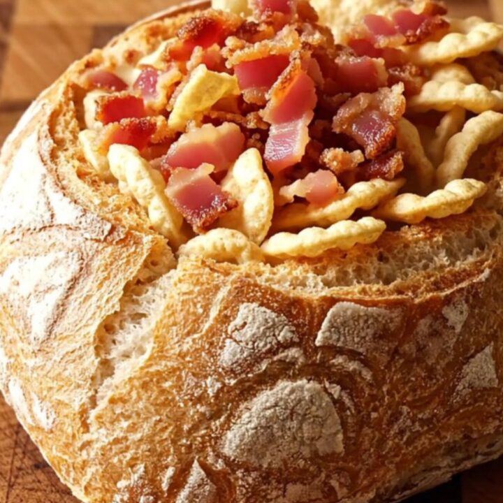 A steaming bowl of creamy New England clam chowder served inside a hollowed-out sourdough bread bowl.