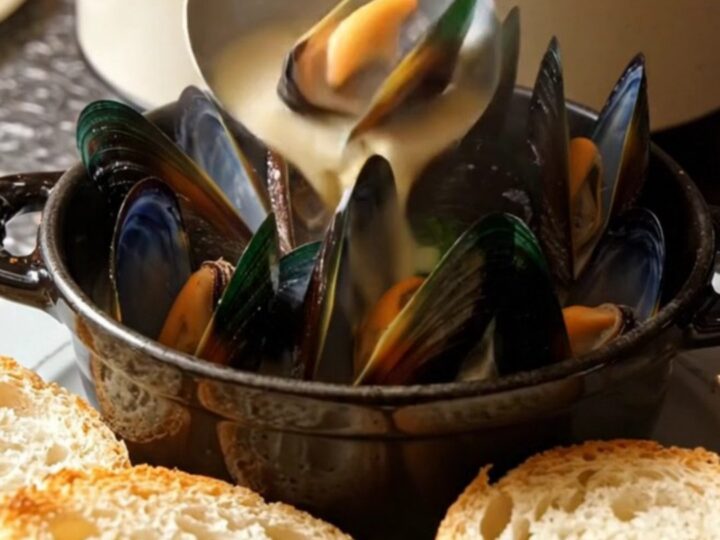 A ceramic slow cooker filled with steamed mussels in a creamy wine sauce with fennel and herbs.