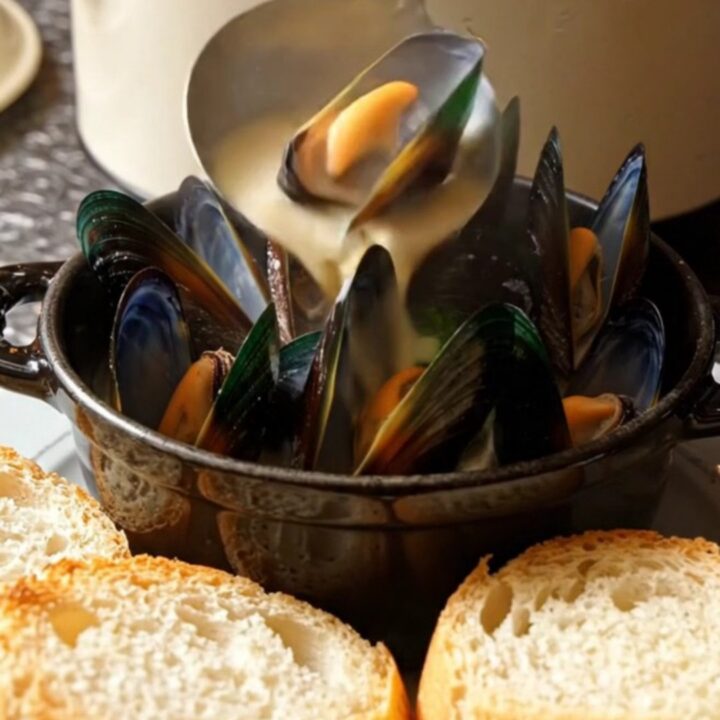 A ceramic slow cooker filled with steamed mussels in a creamy wine sauce with fennel and herbs.