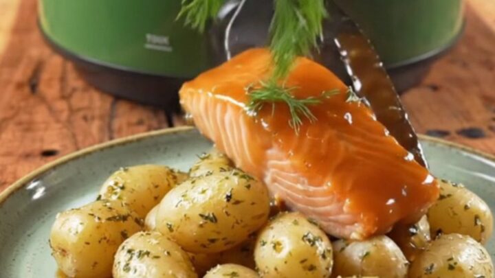 A close-up of bourbon-glazed sockeye salmon and tender baby potatoes in a green ceramic slow cooker.