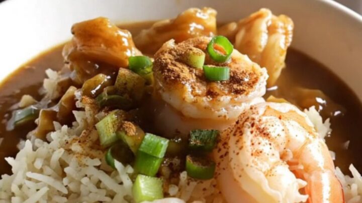 A steaming bowl of dark, rich Louisiana seafood and okra gumbo served over a mound of fluffy white rice.