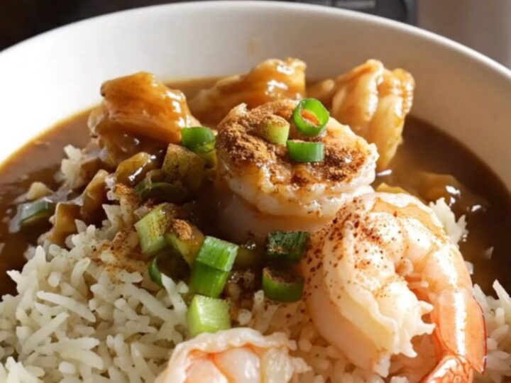 A steaming bowl of dark, rich Louisiana seafood and okra gumbo served over a mound of fluffy white rice.