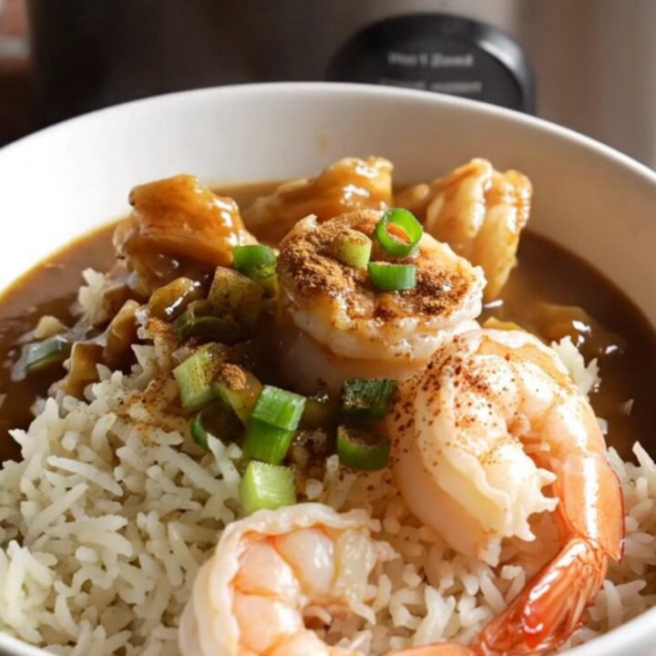 A steaming bowl of dark, rich Louisiana seafood and okra gumbo served over a mound of fluffy white rice.