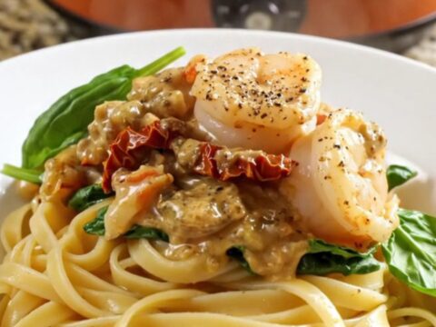 A close-up view of creamy Tuscan seafood pasta with jumbo shrimp, sea scallops, and sun-dried tomatoes in a rich sauce.