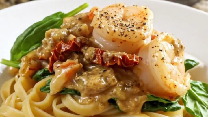 A close-up view of creamy Tuscan seafood pasta with jumbo shrimp, sea scallops, and sun-dried tomatoes in a rich sauce.