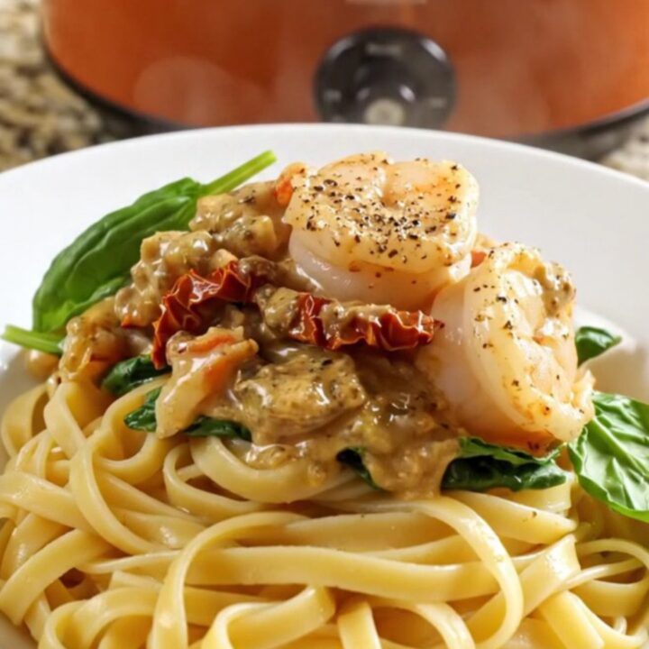 A close-up view of creamy Tuscan seafood pasta with jumbo shrimp, sea scallops, and sun-dried tomatoes in a rich sauce.
