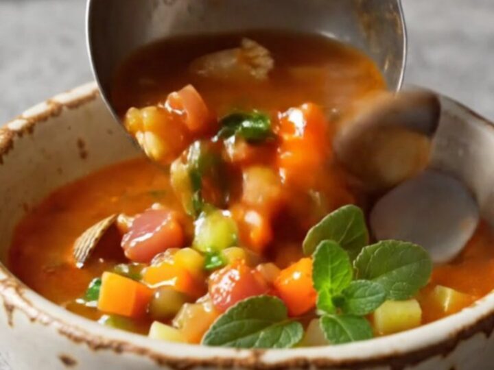 A steaming bowl of Manhattan clam chowder with whole clams and smoky bacon in a cozy kitchen.