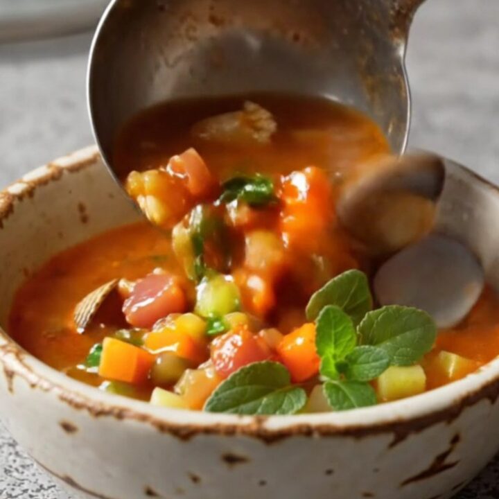 A steaming bowl of Manhattan clam chowder with whole clams and smoky bacon in a cozy kitchen.