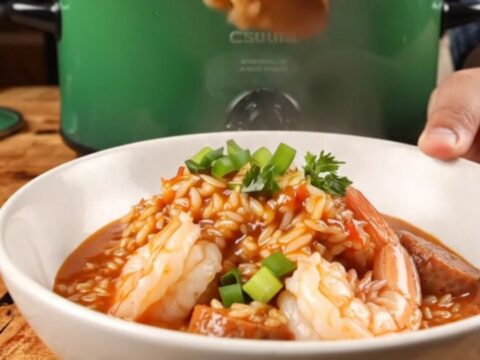 A close-up view of steaming jambalaya in a deep emerald ceramic Crockpot with a wooden lid handle.