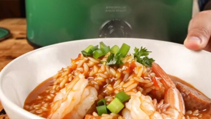 A close-up view of steaming jambalaya in a deep emerald ceramic Crockpot with a wooden lid handle.