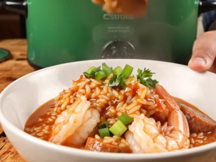 A close-up view of steaming jambalaya in a deep emerald ceramic Crockpot with a wooden lid handle.