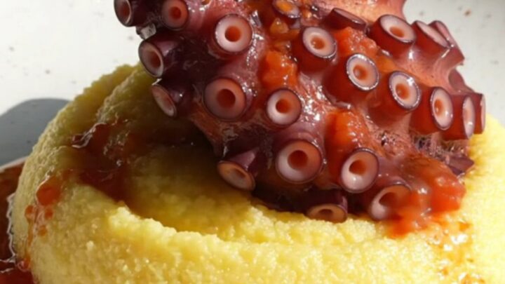 A close-up of tender, purple-crimson octopus tentacles served over creamy polenta with a rich tomato and olive sauce.
