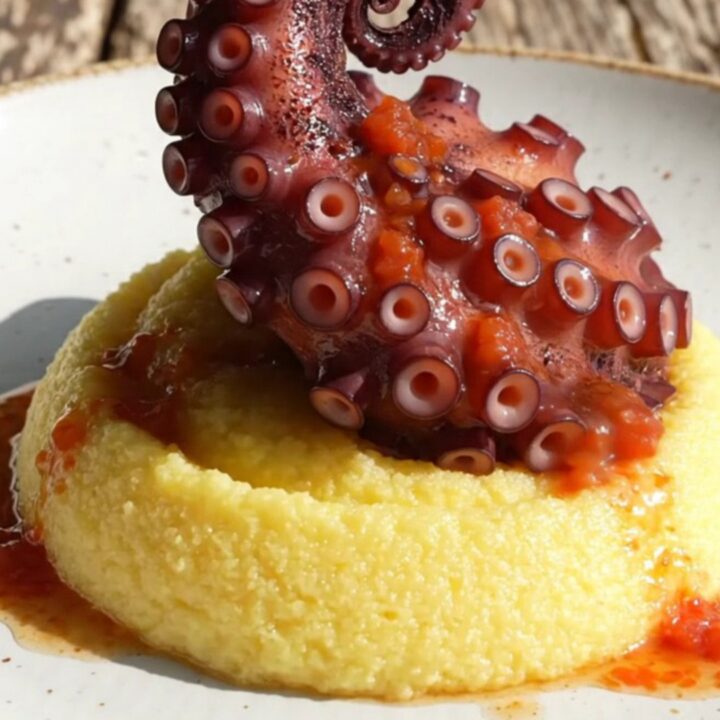 A close-up of tender, purple-crimson octopus tentacles served over creamy polenta with a rich tomato and olive sauce.