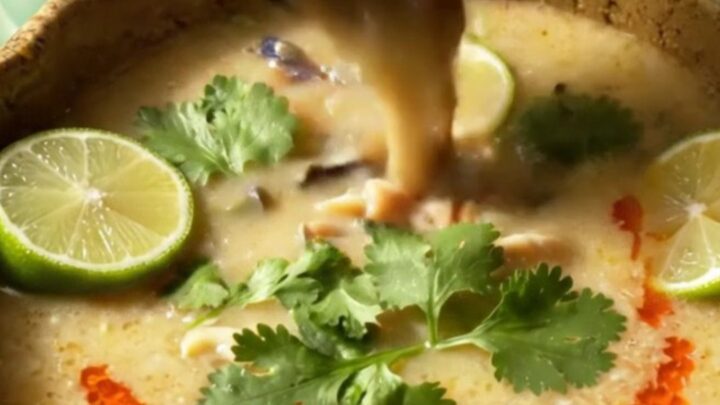 A ceramic bowl filled with creamy coconut lime chowder, featuring chunks of halibut and open Manila clams