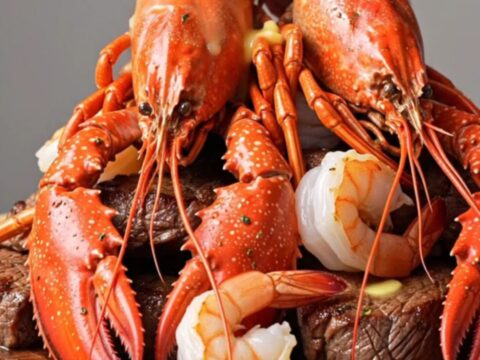 A rustic wooden board piled high with seared steak cubes, bright red lobster tails, and opaque shrimp