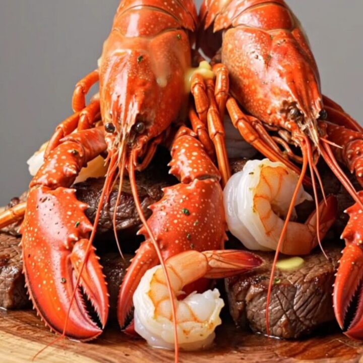 A rustic wooden board piled high with seared steak cubes, bright red lobster tails, and opaque shrimp