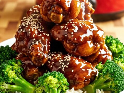 A close-up of General Tso's chicken in a crimson ceramic slow cooker, showing mahogany-glazed chicken with sesame seeds.