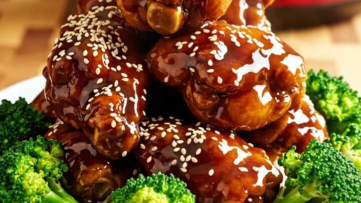 A close-up of General Tso's chicken in a crimson ceramic slow cooker, showing mahogany-glazed chicken with sesame seeds.