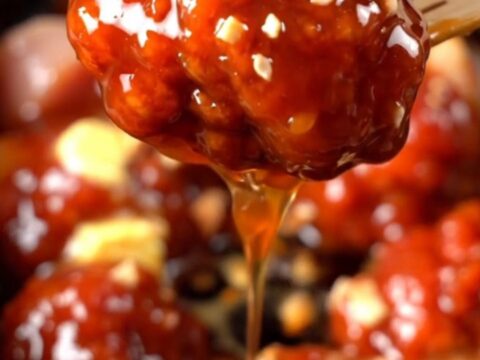A close-up of glossy Korean chicken bites in a ceramic slow cooker, topped with crushed peanuts and green onions.