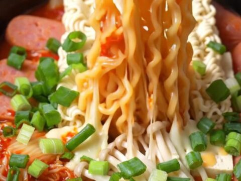 A close-up of a slow cooker filled with vibrant Korean Army Stew featuring ramen, kimchi, Spam, and melted cheese.