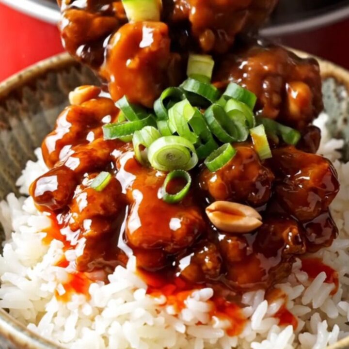 A vibrant bowl of Kung Pao chicken served over white rice with visible peanuts and scallions.