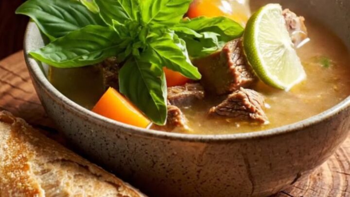 A steaming bowl of Vietnamese Bo Kho beef stew garnished with fresh herbs and lime.