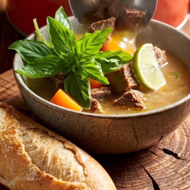 A steaming bowl of Vietnamese Bo Kho beef stew garnished with fresh herbs and lime.