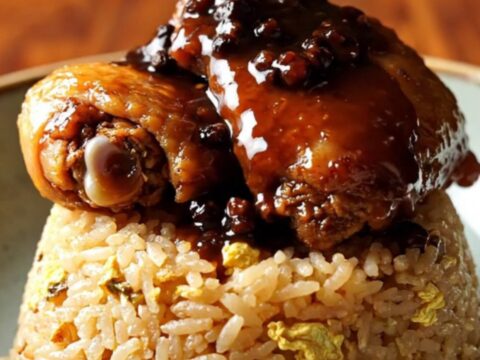 A close-up of tender chicken and pork belly adobo served over garlic fried rice in a bowl.