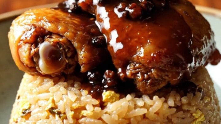 A close-up of tender chicken and pork belly adobo served over garlic fried rice in a bowl.