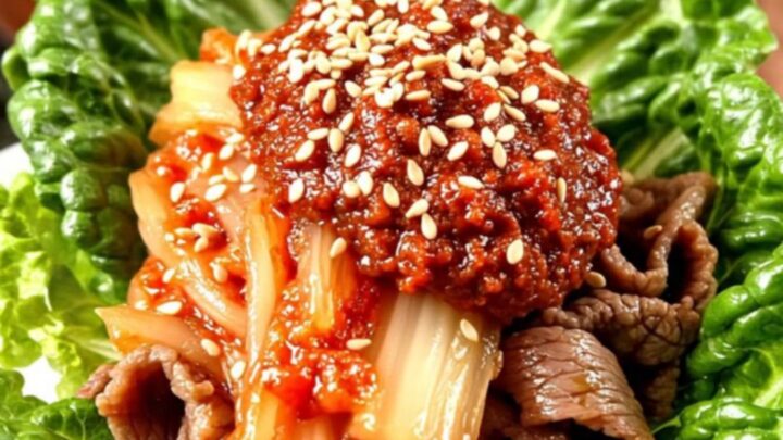 A copper-toned ceramic crockpot filled with caramelized Korean Bulgogi beef ribbons and sliced onions.