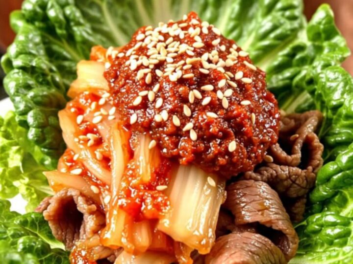 A copper-toned ceramic crockpot filled with caramelized Korean Bulgogi beef ribbons and sliced onions.