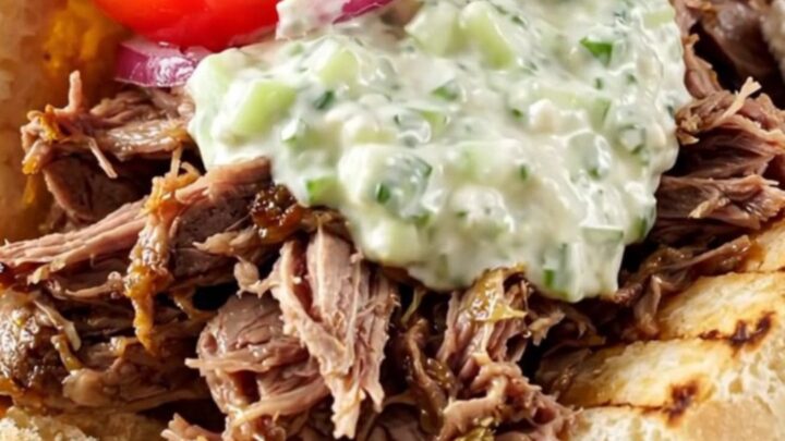 A close-up of a succulent Greek lamb gyro stuffed into a warm pita with fresh tzatziki and vegetables.