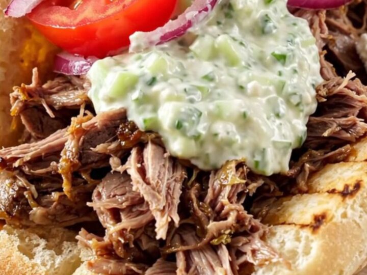 A close-up of a succulent Greek lamb gyro stuffed into a warm pita with fresh tzatziki and vegetables.