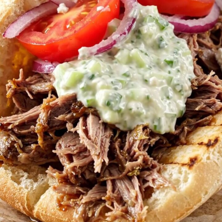 A close-up of a succulent Greek lamb gyro stuffed into a warm pita with fresh tzatziki and vegetables.