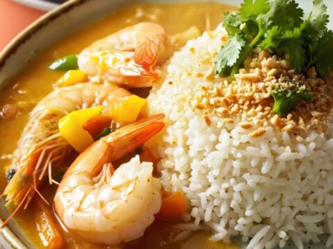 A vibrant Brazilian Moqueca stew served in a coral ceramic Crockpot, showing chunks of white fish and jumbo shrimp.