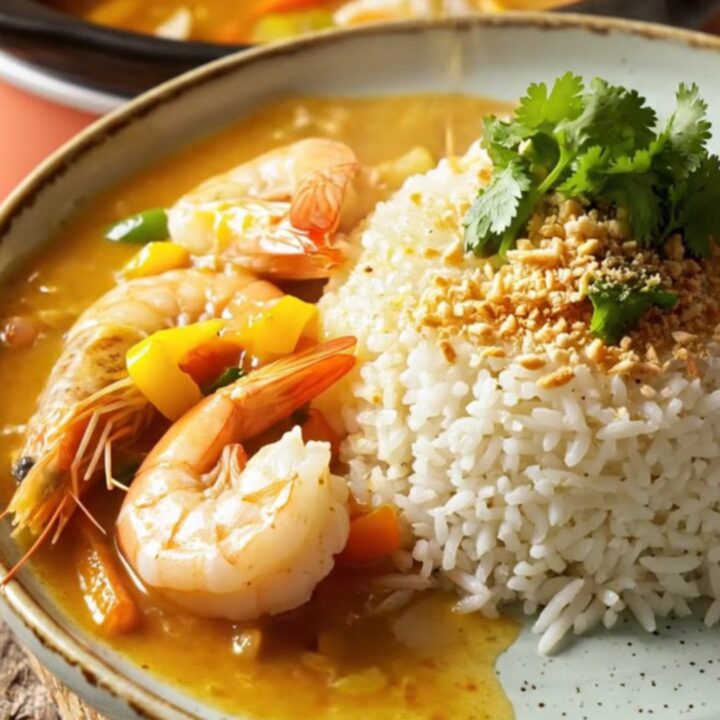 A vibrant Brazilian Moqueca stew served in a coral ceramic Crockpot, showing chunks of white fish and jumbo shrimp.