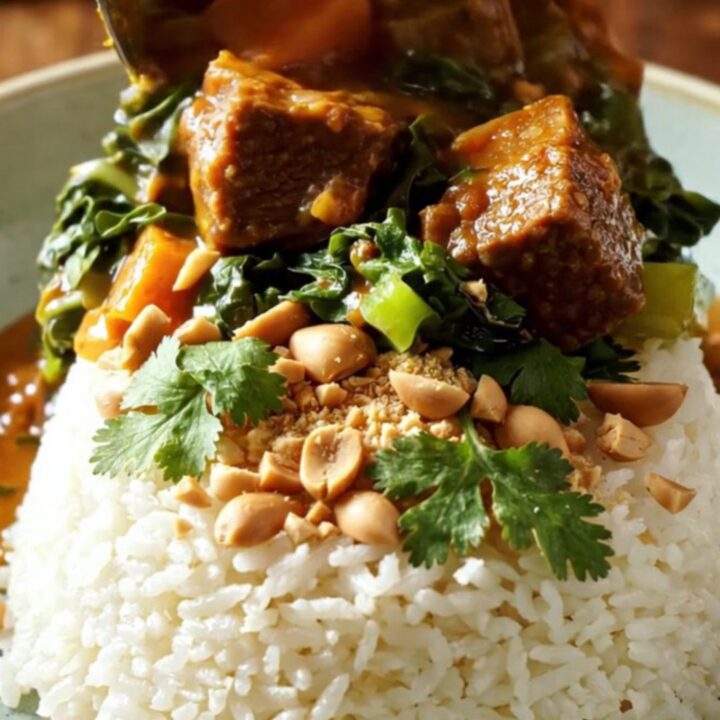 A rustic terracotta ceramic pot filled with rich, velvety West African Maafe featuring beef and sweet potatoes.