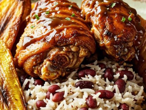 A close-up of glazed Jamaican jerk chicken thighs served on a plate with coconut rice and plantains.