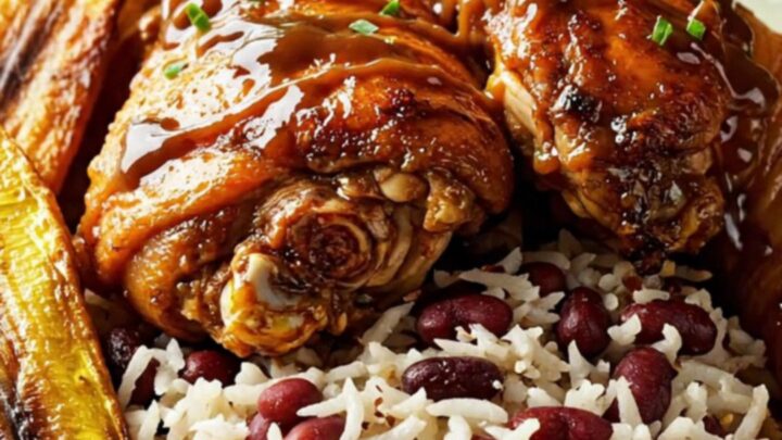 A close-up of glazed Jamaican jerk chicken thighs served on a plate with coconut rice and plantains.