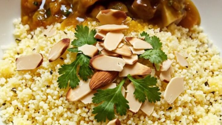 A close-up of a Moroccan lamb tagine in a yellow ceramic pot, garnished with cilantro and toasted almonds.
