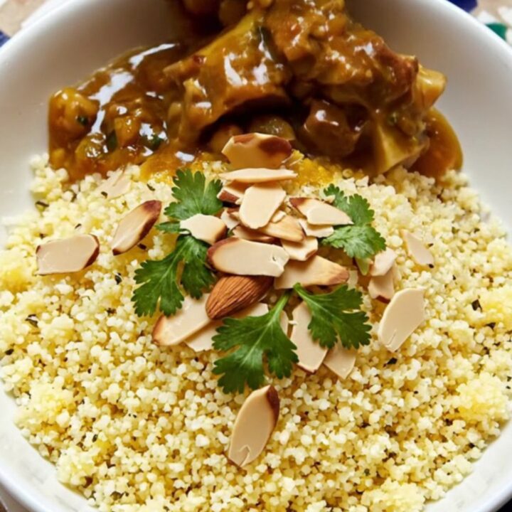 A close-up of a Moroccan lamb tagine in a yellow ceramic pot, garnished with cilantro and toasted almonds.