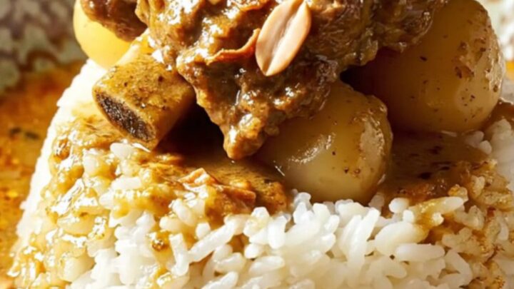 A rustic antique bronze ceramic slow cooker filled with rich Massaman beef curry, revealing tender short ribs and potatoes.