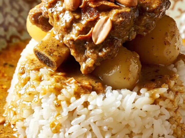 A rustic antique bronze ceramic slow cooker filled with rich Massaman beef curry, revealing tender short ribs and potatoes.