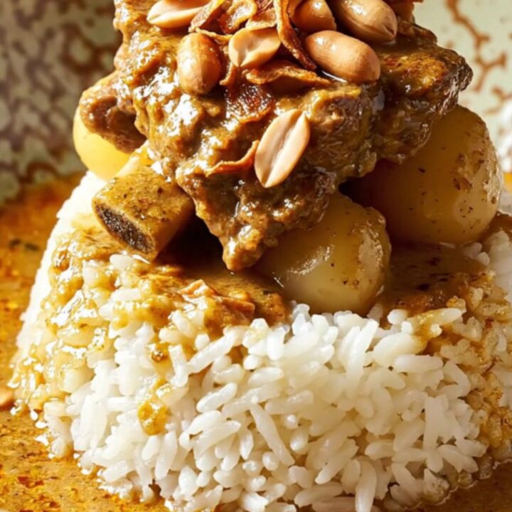 A rustic antique bronze ceramic slow cooker filled with rich Massaman beef curry, revealing tender short ribs and potatoes.