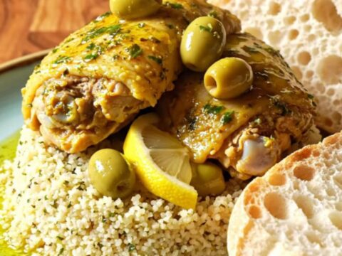 A close-up view of golden Moroccan braised chicken thighs in a blue ceramic slow cooker with olives and preserved lemon.