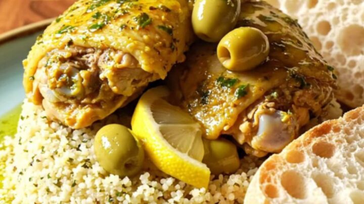 A close-up view of golden Moroccan braised chicken thighs in a blue ceramic slow cooker with olives and preserved lemon.
