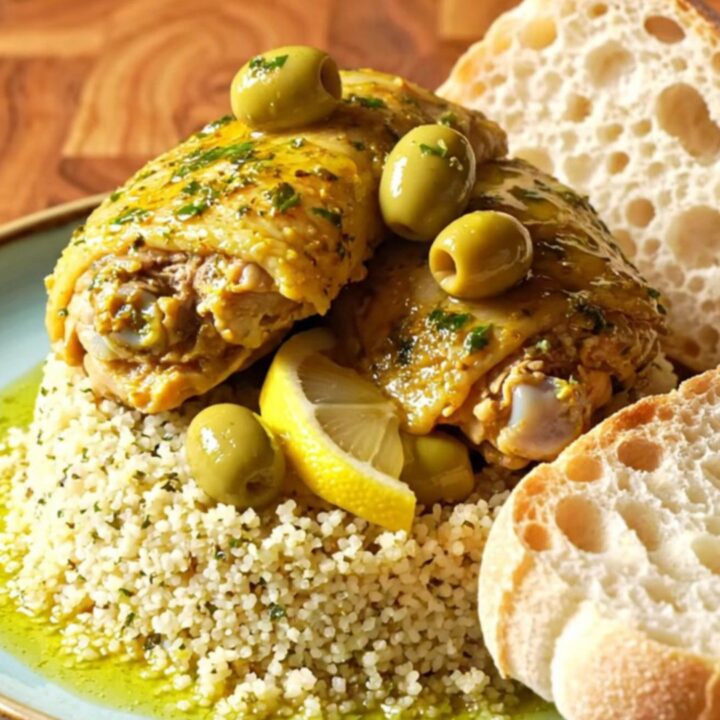 A close-up view of golden Moroccan braised chicken thighs in a blue ceramic slow cooker with olives and preserved lemon.